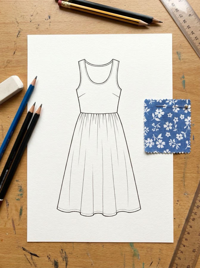 Fashion designer sketch of a dress with a fabric swatch