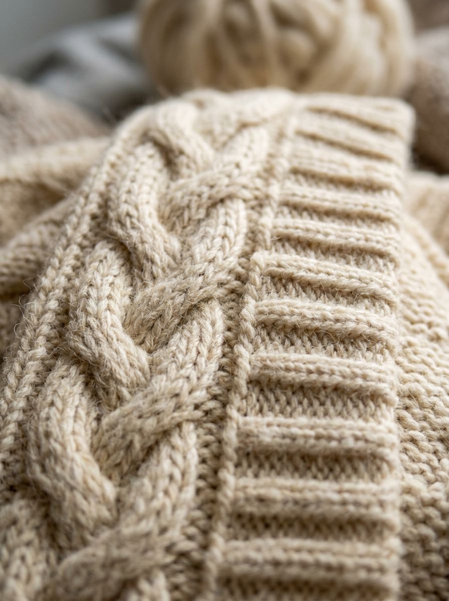 Knit detail shot of a cream cable-knit sweater