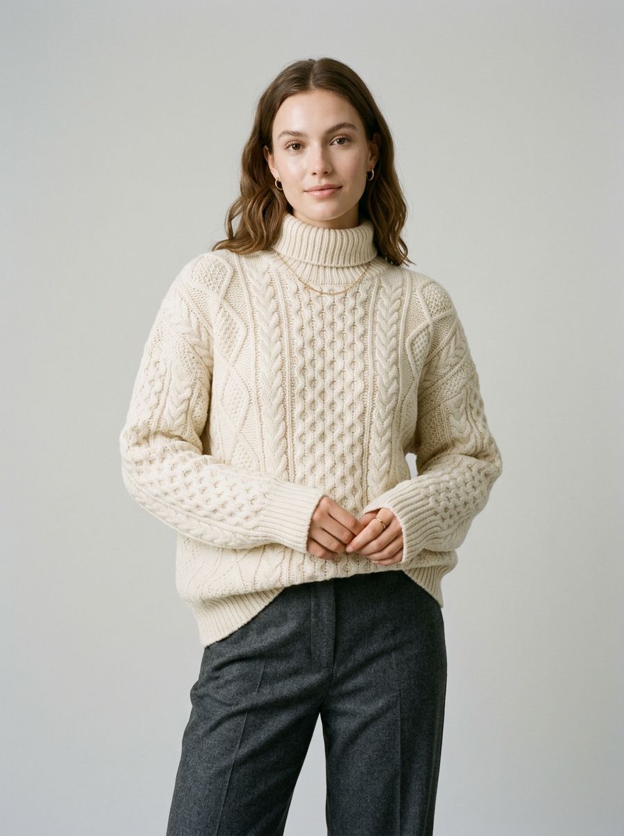 On-model shot of a cream cable-knit sweater
